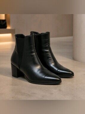 Madden Girl Black Pointed Toe Faux Leather Ankle Boots with Block Heel